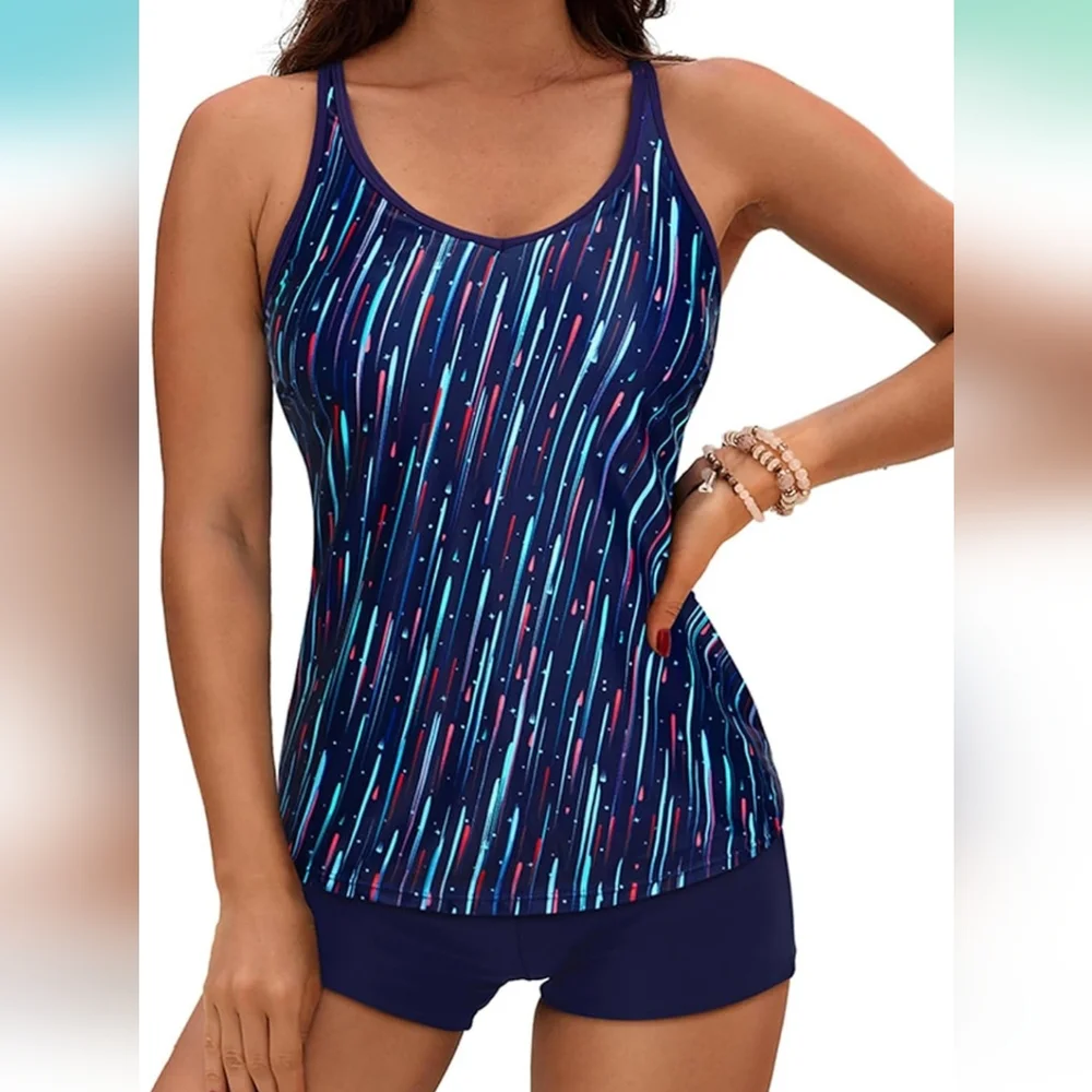 PLUS SIZE 2 Piece Blue Striped Tankini Set